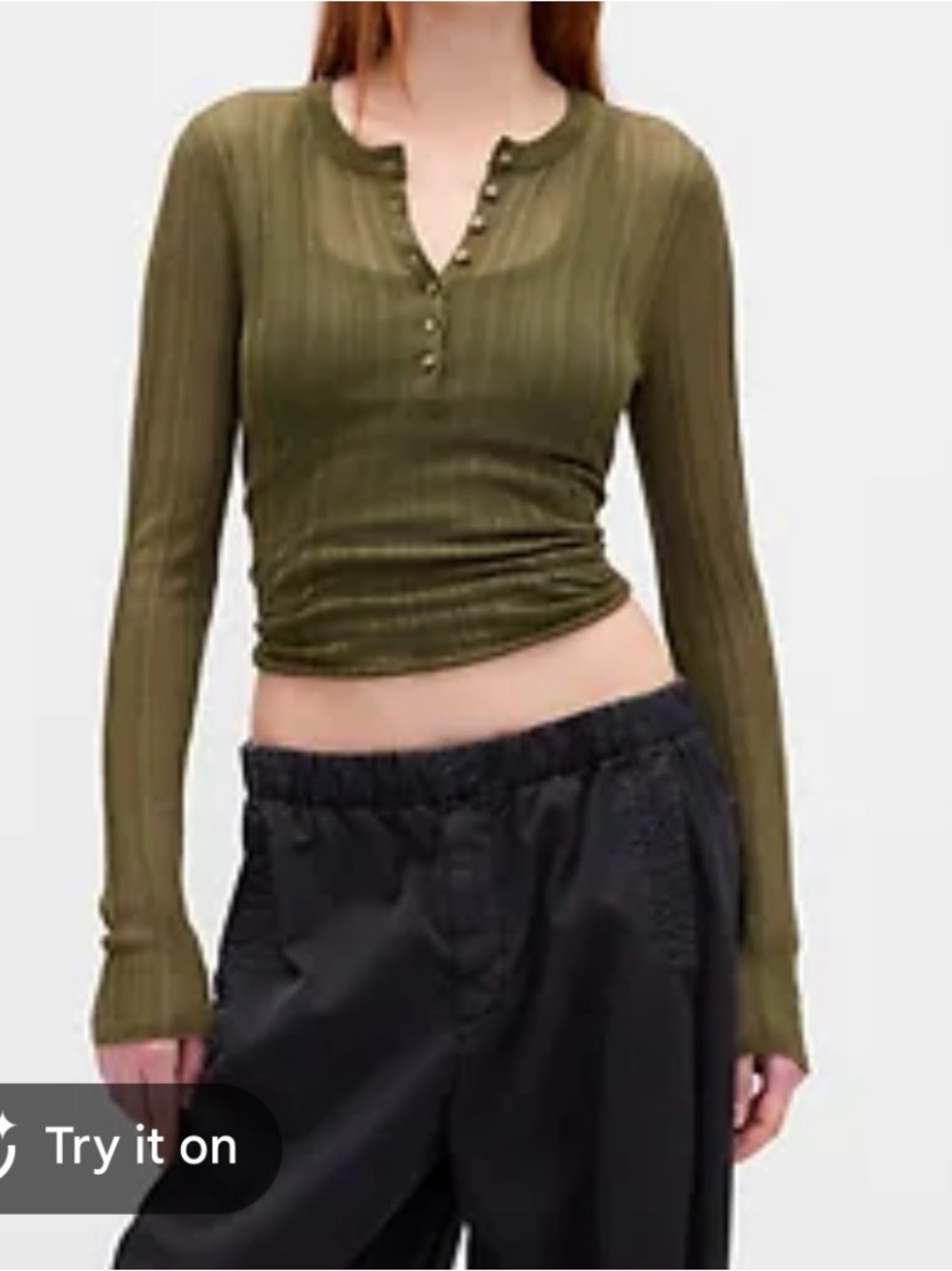 GAP Olive Green Ribbed Henley Long Sleeve Top